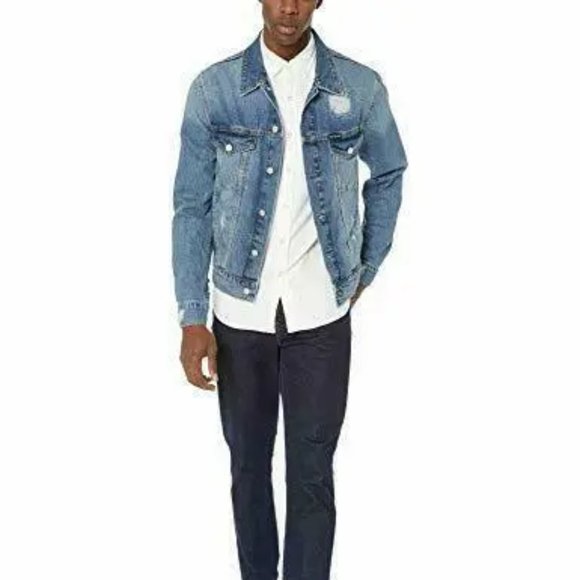 $148 Calvin Klein Men's Denim Trucker Jacket, Ed Blue Destruct, Large - Picture 3 of 6
